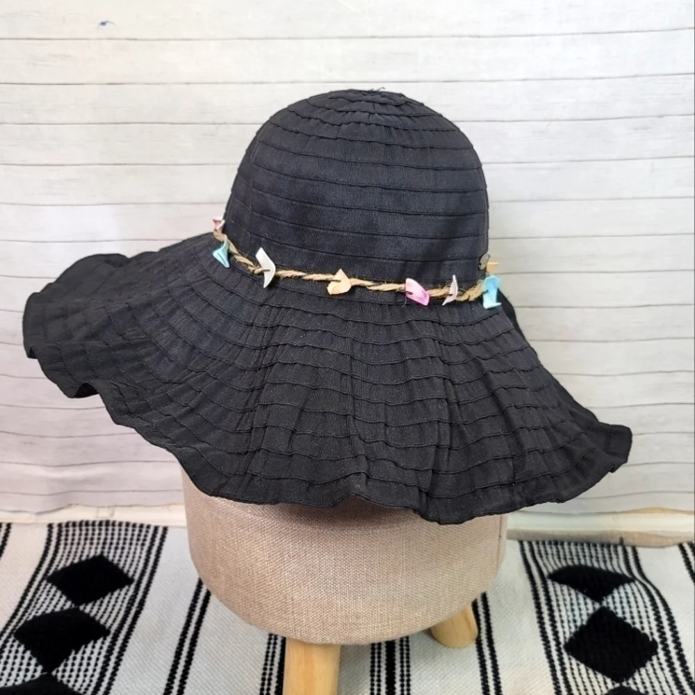 PANAMA JACK WIDE BRIM CRUSHABLE BLACK HAT, W REAL SEASHELL TRIM DETAIL